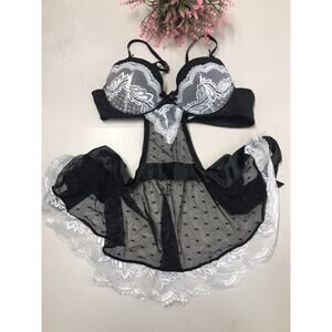 Women's French Maid baby doll Padded Bra Sz Smalll Black & White Push Up Sheer